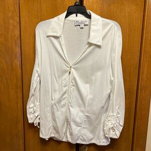 St. John Sport Essentials by Marie Gray White Zip-up Shirt with Ruched Sleeves